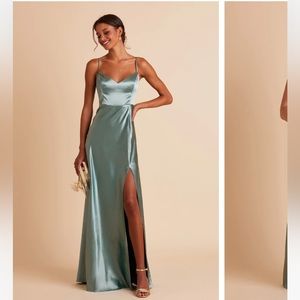 Birdy Grey Satin Slip Gown in Sage Green with Thigh High Slit
